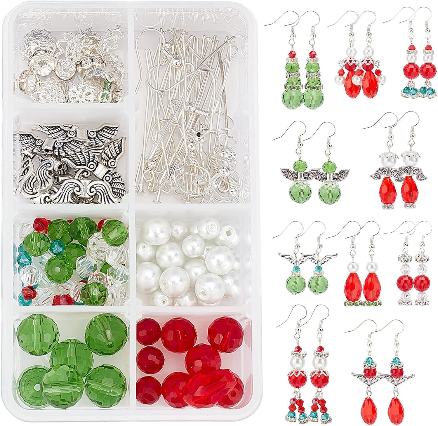 1 Box DIY 20 Pairs Guardian Angel Charms Christmas Beading Angel Beads Earrings Making Starter Kit Angel Wing Bead Heart Bead Frames Round Crackle Beads for Jewelry Making Kits Women Craft
