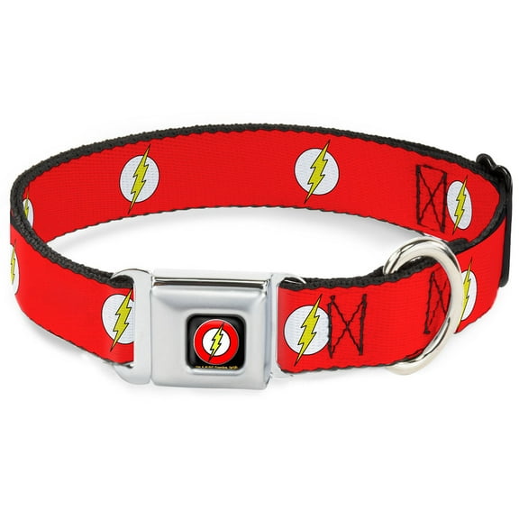 DC Comics Pet Collar, Dog Collar Metal Seatbelt Buckle, Flash Logo Red White Yellow, 9.5 to 13 Inches 1.0 Inch Wide
