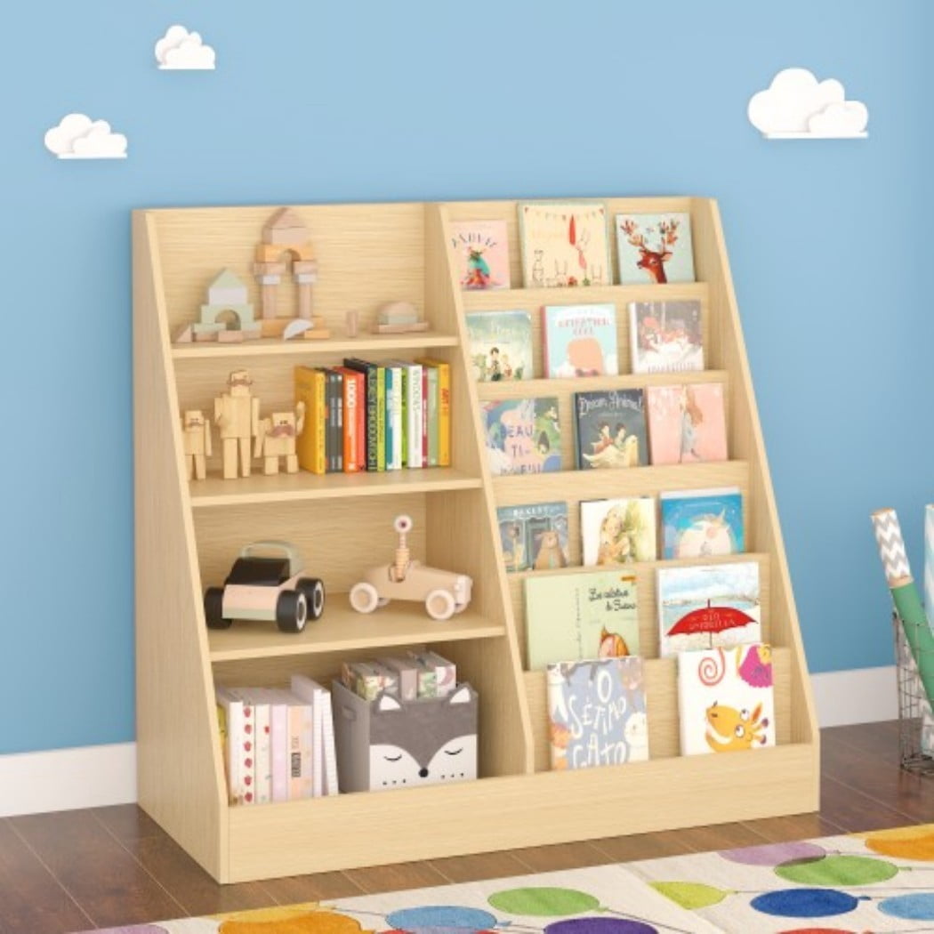 Kids Bookshelf and Toy Storage Organizer, Wooden Kids Bookcase with Multi-Level Shelves & Toy Storage, Children's Book Display Stand for Playroom, Nursery & Kids Room, Natural