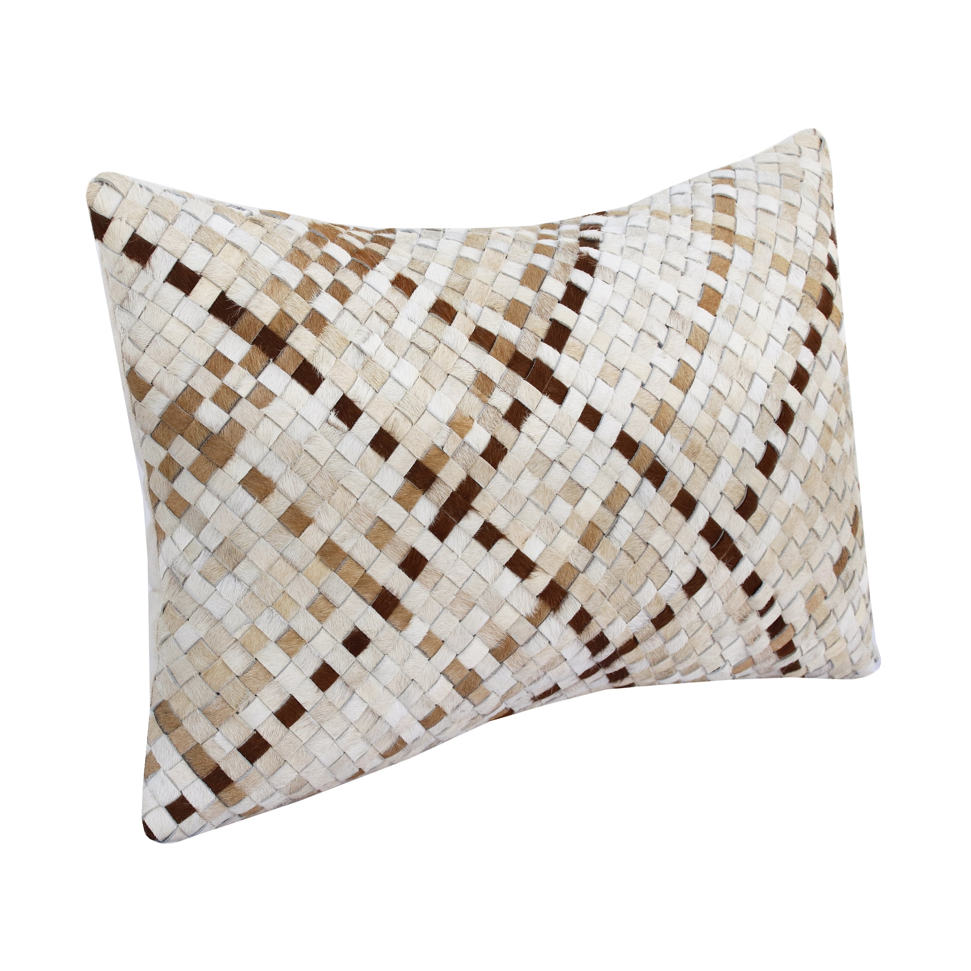Ox Bay Esme Checkered Transitional Faux Leather Hand Woven Lumbar Pillow, Ivory/Brown, 16" x 24"