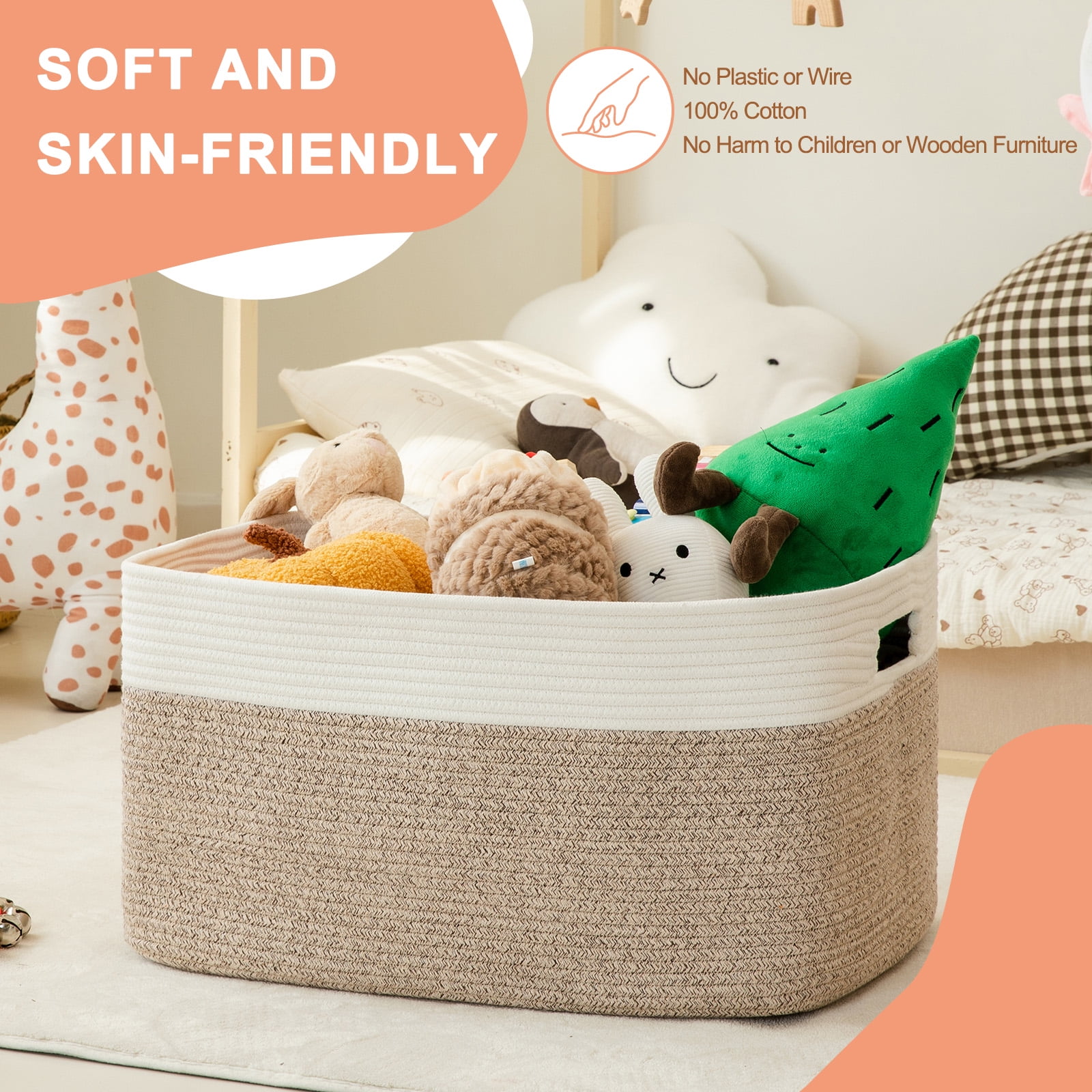 CHERISHGARD 70L Large Rectangle Blanket Basket，Cotton Rope Baskets for Storage, Woven Laundry Basket for Toys