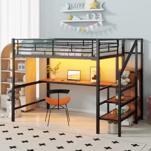 Euroco Full Loft Bed with Wardrobe, Desk, Shelves and LED Light, Black