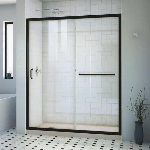 Infinity-Z 34 Inch D x 60 Inch W x 74-3/4 Inch H Clear Sliding Shower Door with Center Drain Shower Base