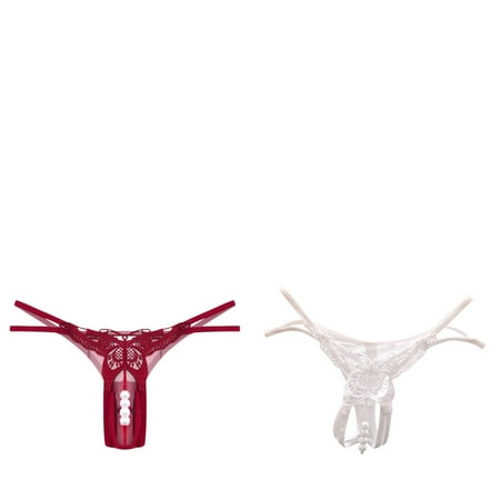 Wijhcboe 2 Pack Women plus Size Silk Panties Embroidered Hollow Butterfly Sexy Womens Cotton Briefs Underwear without Elastic Leg Openings Low Waist Underpants Open Cut Pearl Massage Womens Trunks U