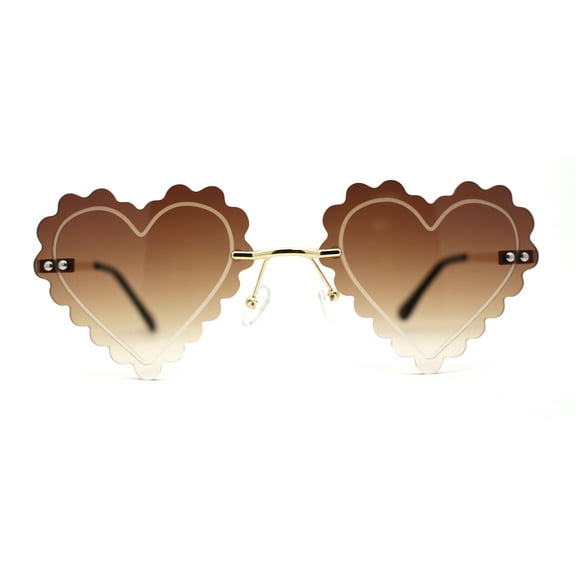 Womens Rimless Unique Laced Edge Heart Shape Retro Sunglasses Gold Brown