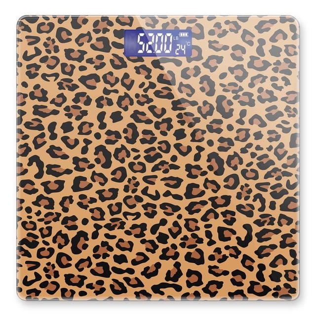 Báscula digital para baño, báscula para peso corporal de 400 lb, báscula digital personalizada con pantalla retroiluminada, fácil lectura (batería no incluida), estampado de leopardo.