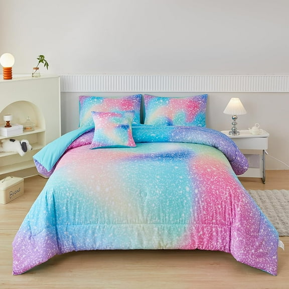 Pink Green Girls Twin Comforter Set, 6 Pieces Colorful Rainbow Kids Bedding Sets, Tie Dye Ombre Glitter Bed in A Bag Comforter Set with Sheets