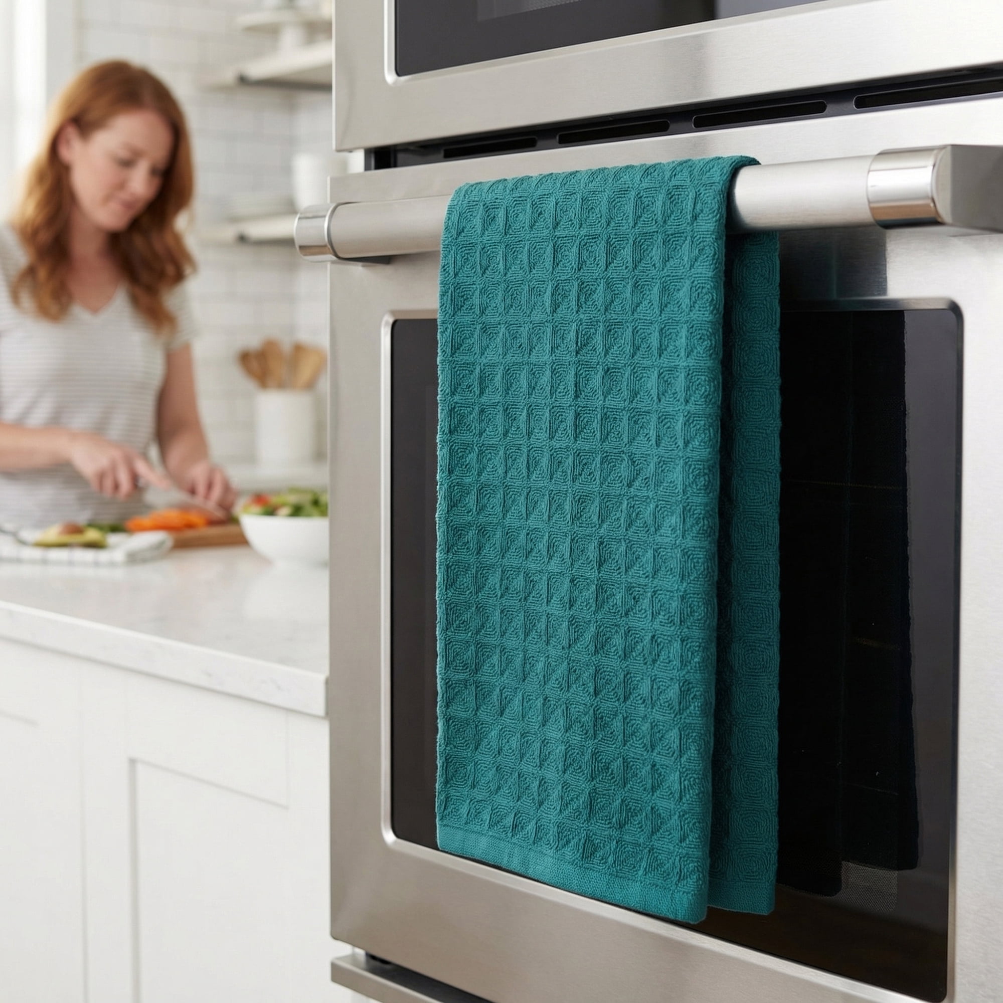 Unique Bargains 4 Pack 100% Cotton Waffle Weave Solid color Kitchen Towels Green 12" x 12"