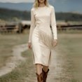 thumbnail image 2 of CIENVNSTG Womens Dresses Suede Retro Western Round Neck Slim Fit Long Sleeved Fancy Dress Beige L, 2 of 5