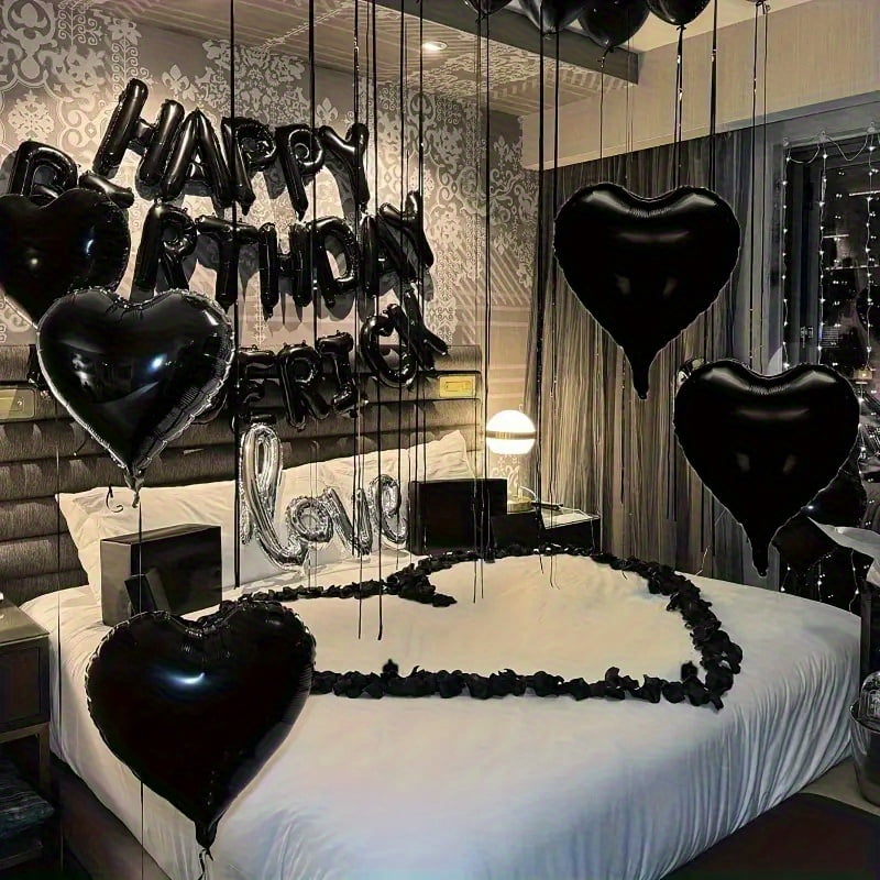 218pcs Black 16.0 Inch Birthday Balloons with Black Heart-Shaped Aluminum and Silvery Love Balloons, Including Black Petals - Perfect for Birthday Parties and Romantic Celebrations