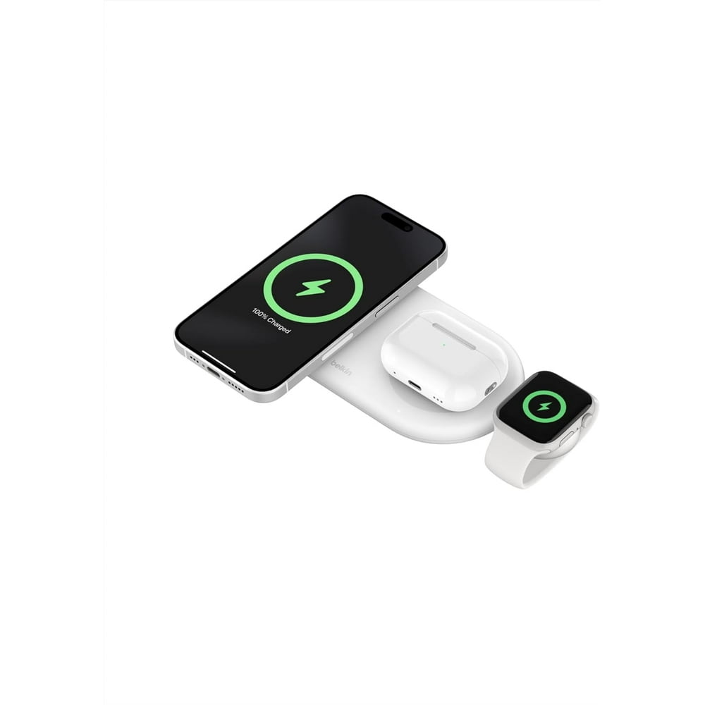 Belkin BoostCharge Pro 3-in-1 MagSafe-Compatible Wireless Charging Pad with Qi2 15W, Fast Charging iPhone Charger, Compatible with iPhone 15, 14, and 13 Series, AirPods, Apple Watch, & More - White