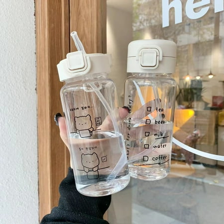 

Fogcroll Straw Bottle Cartoon Pattern Large Capacity Wide Mouth Easy to Clean Clear Drinking Portable Flip Top Lid Water Bottle for Trip
