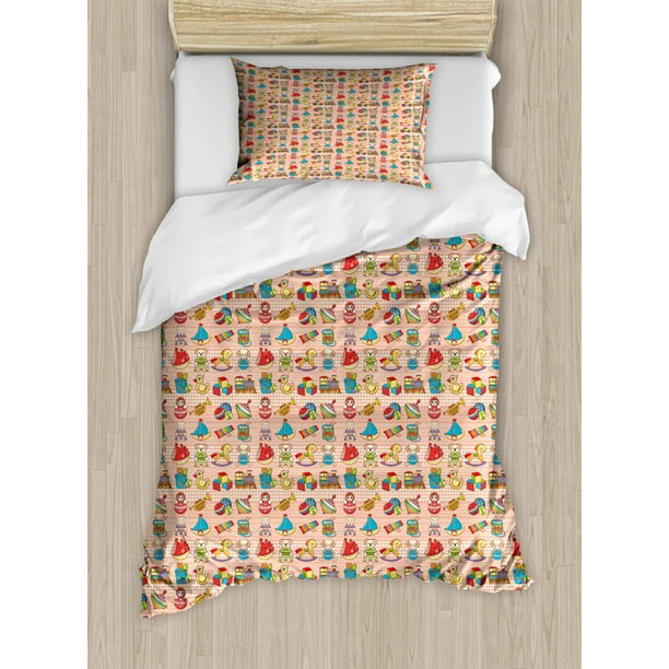 Kids Twin Size Duvet Cover Set, Playthings for Children Teddy Bears