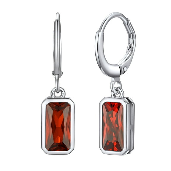 Bestyle Sterling Silver Dangle Earrings for Women Huggie Hoop Drop Earrings with Rectangular Baguette Ruby Crystal, July