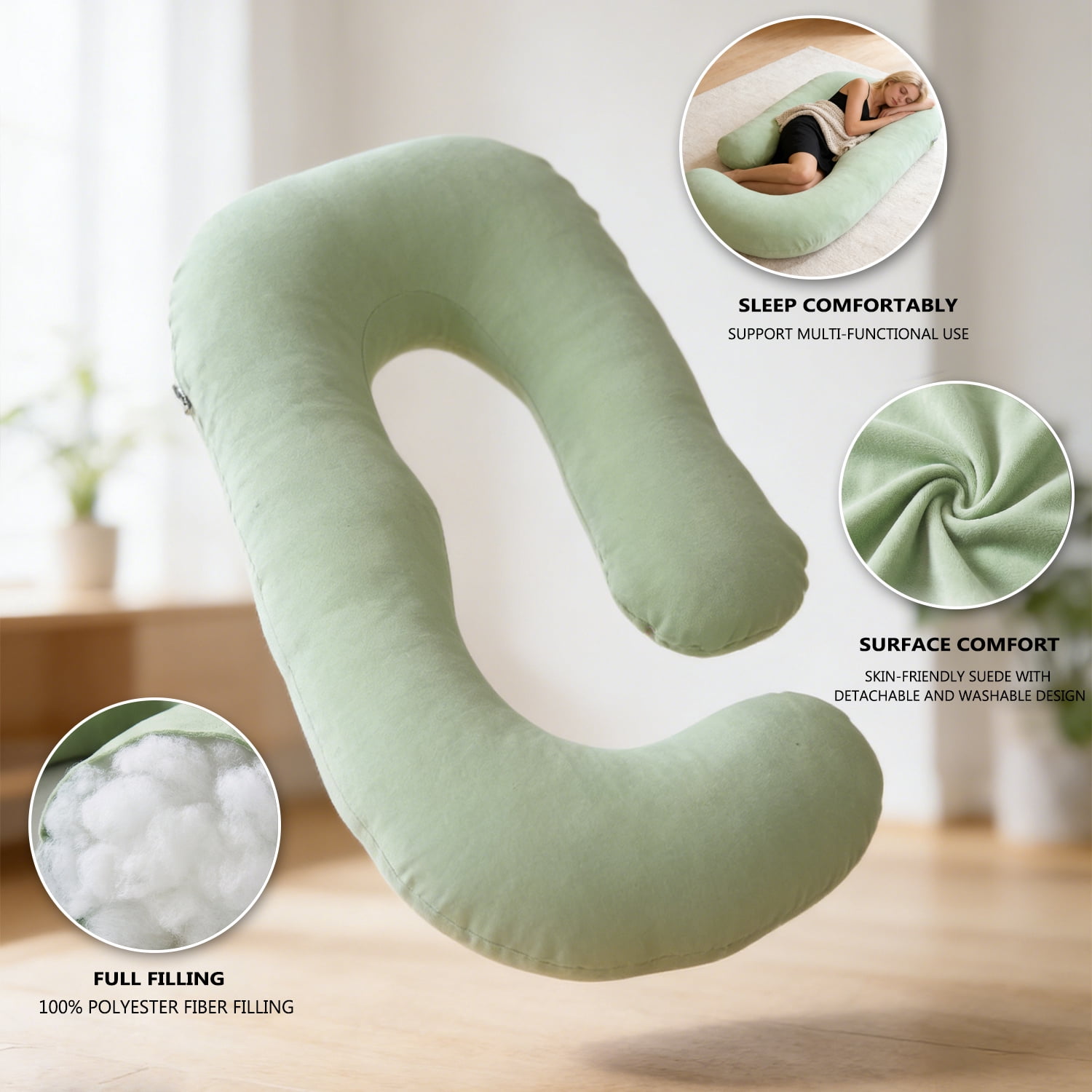 J-Shaped Pregnancy Pillow (65" x 16" x 8") - Full Body Maternity Support Pillow for Back, Hip and Belly Pain Relief, Light Green