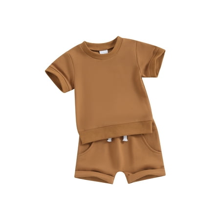

FEORJGP Toddler Baby Summer Clothes Infant Short Sleeve T-Shirt Solid Color Jumpers Round Neck Tops with Drawstring Shorts Little Boys Girls Loose Casual 2Pcs Outfit