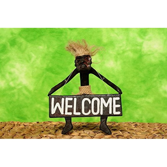 Wooden Handmade Primitive Tribal Statue Holding Welcome Sign Wall Sculpture Tiki Bar Handcrafted Unique Gift Art Decor Figurine Hand Carved