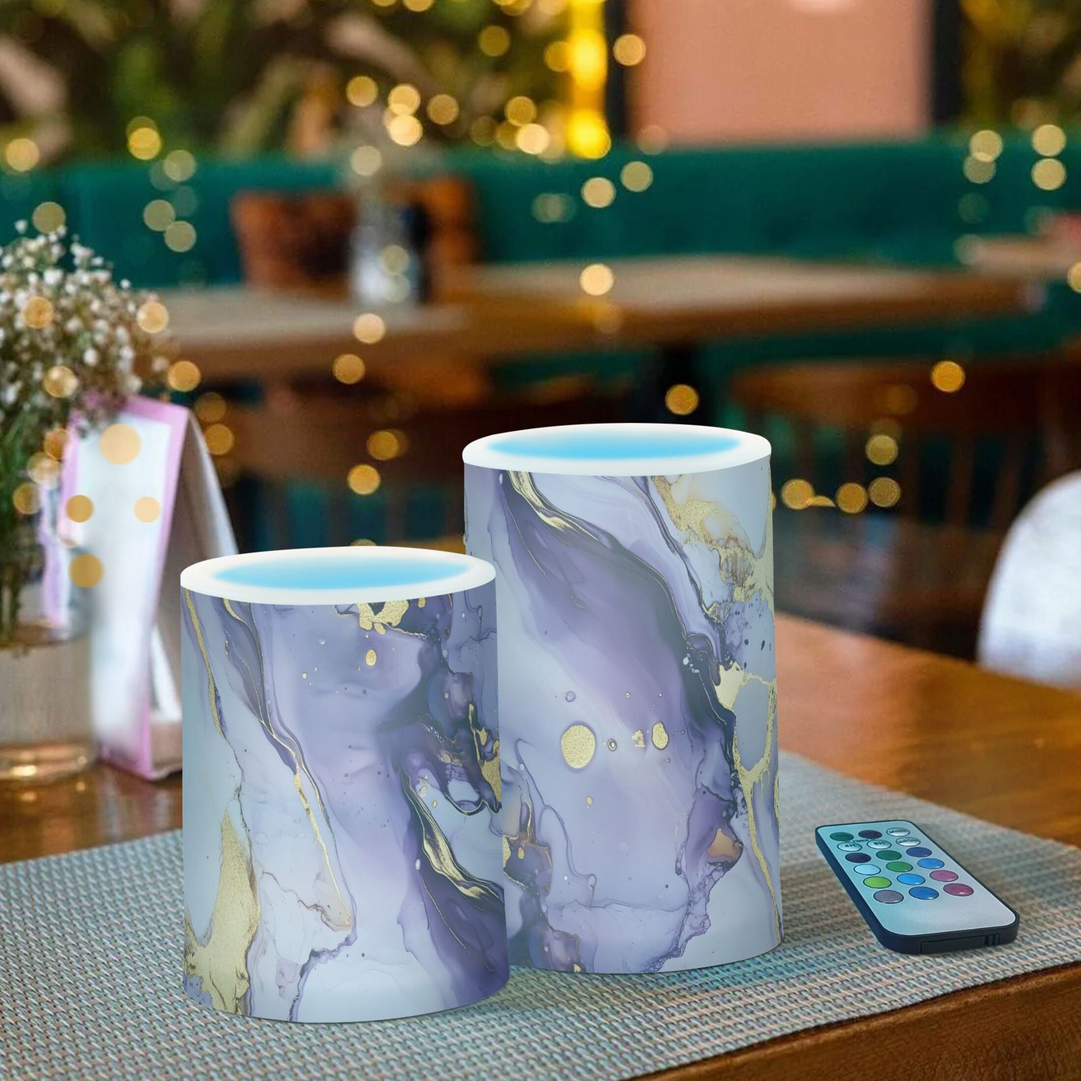 Purple Golden Marble Pattern Flickering Flameless Candles Battery Operated with Remote Timer LED Pillar Candles Set of 2