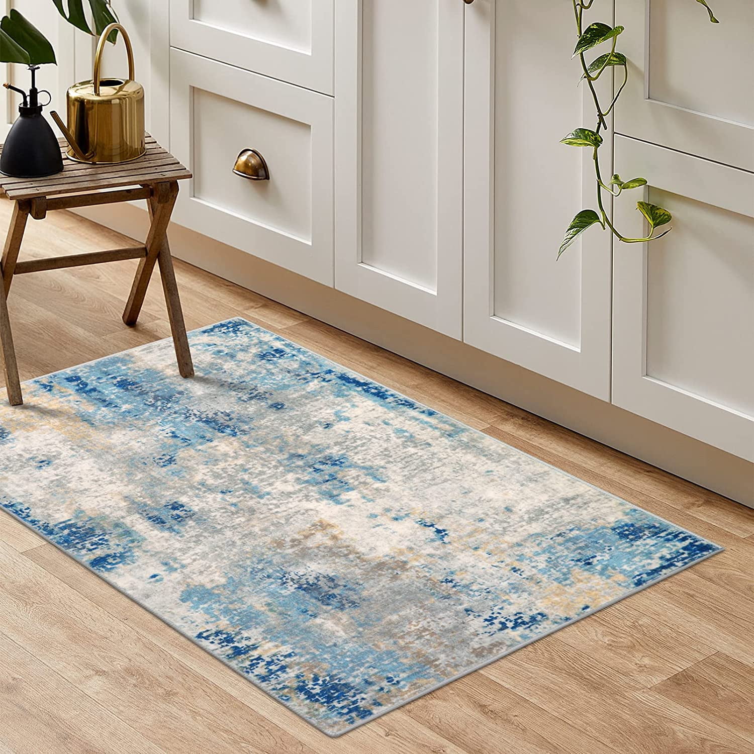 Moynesa 2'x3' Modern Abstract Area Rug,Blue Washable Small Front Door Rug for Entryway Mat Contemporary Faux Wool Non-Slip Soft Floor Indoor Carpet for Living Room Kitchen Bathroom RV