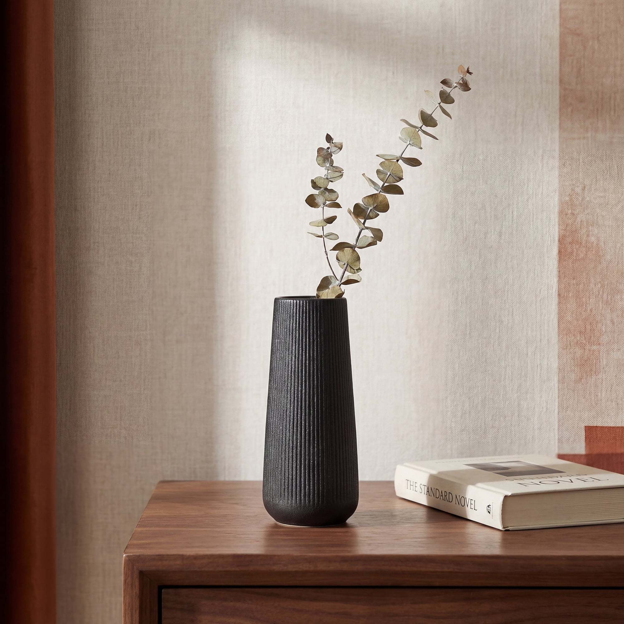 Unique Bargains Ribbed Ceramic Vase for Flowers Matte Black 3.5"L x 3.5"W x 7.9"H