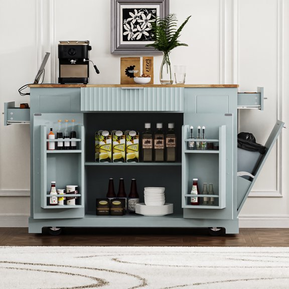 Fluted Kitchen Island On Wheels with Trash Can Storage Cabinet and Drawers, Rolling Kitchen Islands Built-in Power Outlet, Internal Storage Rack and Open Side Racks, Grey Blue
