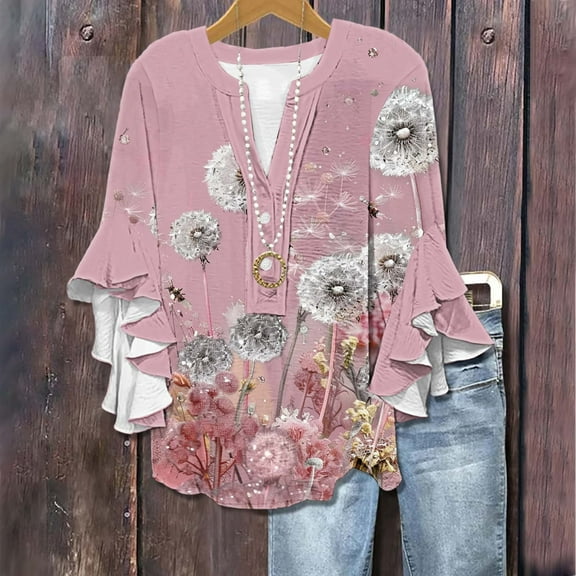 Womens Tops Plus Size under $10 3/4 Sleeve Lace Sleeve V-neck Button Casual Print Loose Top Multicolor XXL