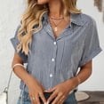 thumbnail image 4 of YDFCWXW Short Sleeve Striped Tops for Women Casual Button Down Shirts Striped Business Work Blouses with Pockets Navy, XXL, 4 of 8