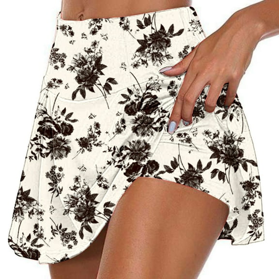 Skorts for Women High Waisted Stretchy Tennis Skirts with Short Casual Printed Athletic Skirts for Running Beige L