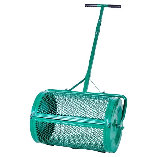 24 Inch Dual-Purpose Push & Tow Compost Spreader, 4-Height Adjustable Steel Handle, 2.66 Cu.Ft Large Capacity Mesh Roller for Lawn Fertilizer Peat Moss