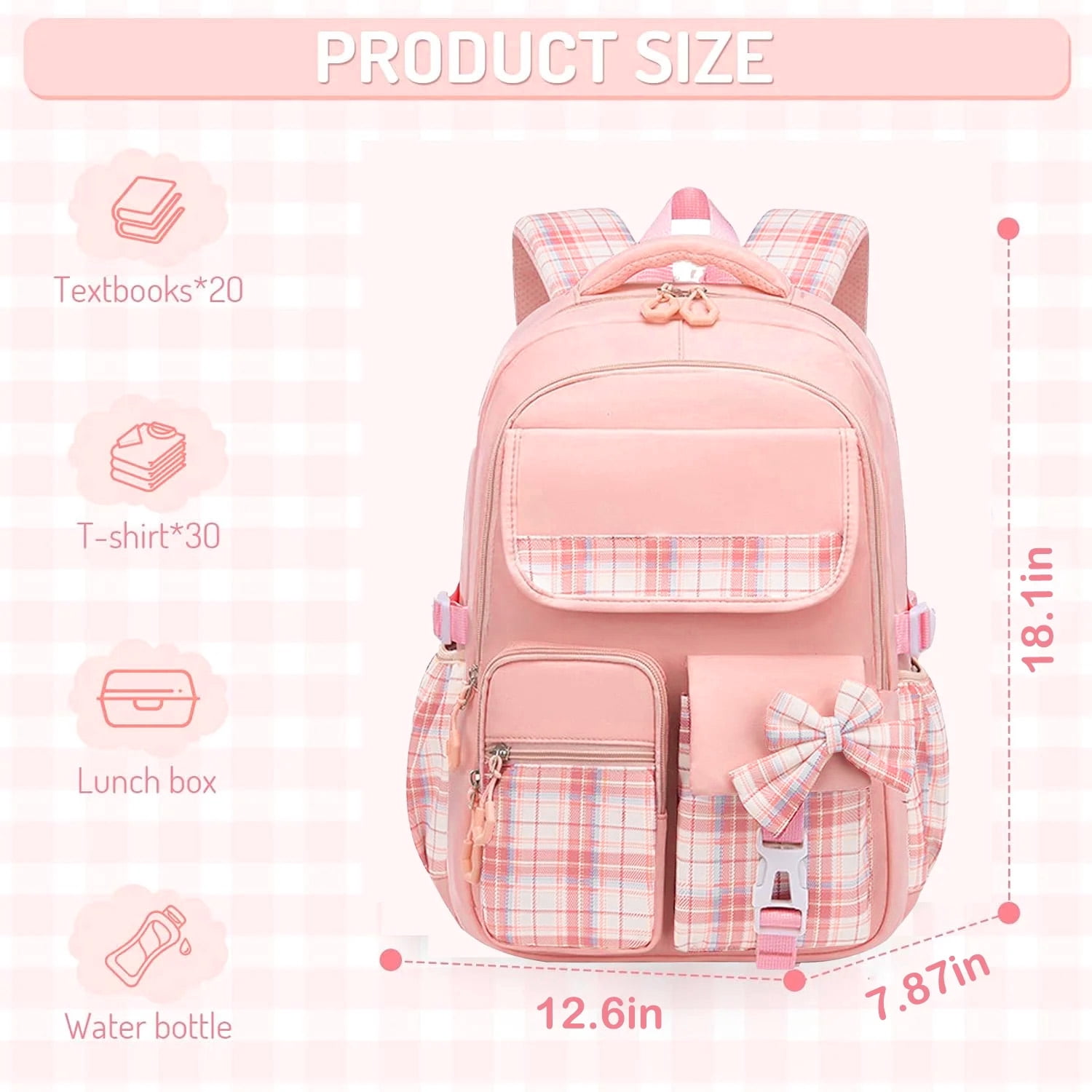 Ficcug Girls School Backpacks,Fashion School Bag for Kids Teens,30L Waterproof Students Bookbags for Elementary Middle,Pink