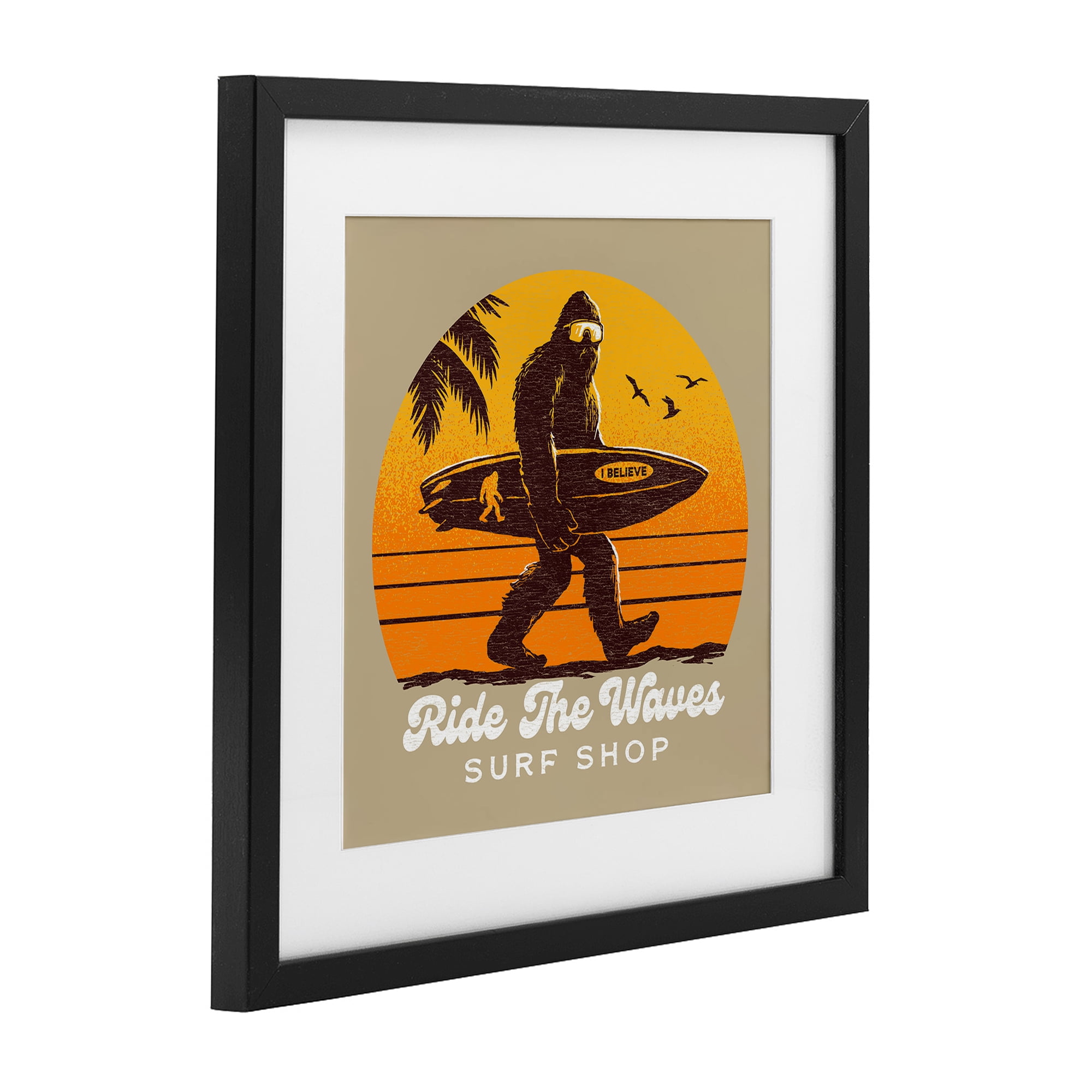 Ride The Waves Surf Shop Black Framed Print Under Glass, design by Jedco Brands Inc.