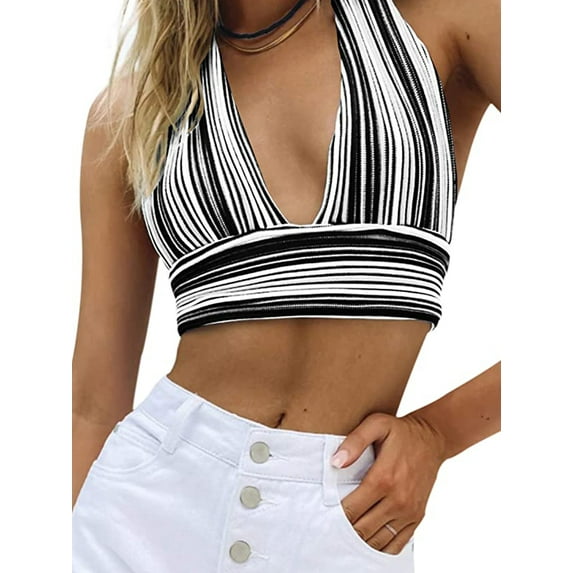 Dewadbow Women Deep V Neck Stripe Halter Crop Vest Backless Cami Tank Top
