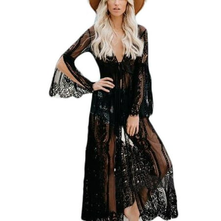 JUNTEX Womens Slit Long Flare Sleeves Kimono Cardigan Sheer Eyelash Floral Lace Bikini