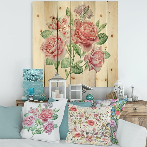 Designart 'Spring Flowers Alstroemeria Pink Roses' Traditional Print on Natural Pine Wood