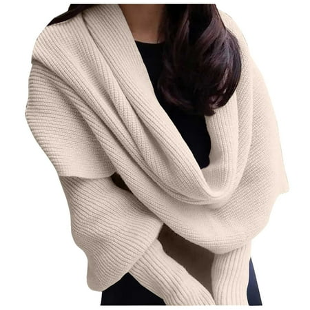 Hontri Wraps for Women Utrum Knitted Cable Wrap for Women Cropped Sweater Womens Wrap Sweater Knitted Scarf with Sleeves Knitted Wrap Shawl Wraps for Women Beige