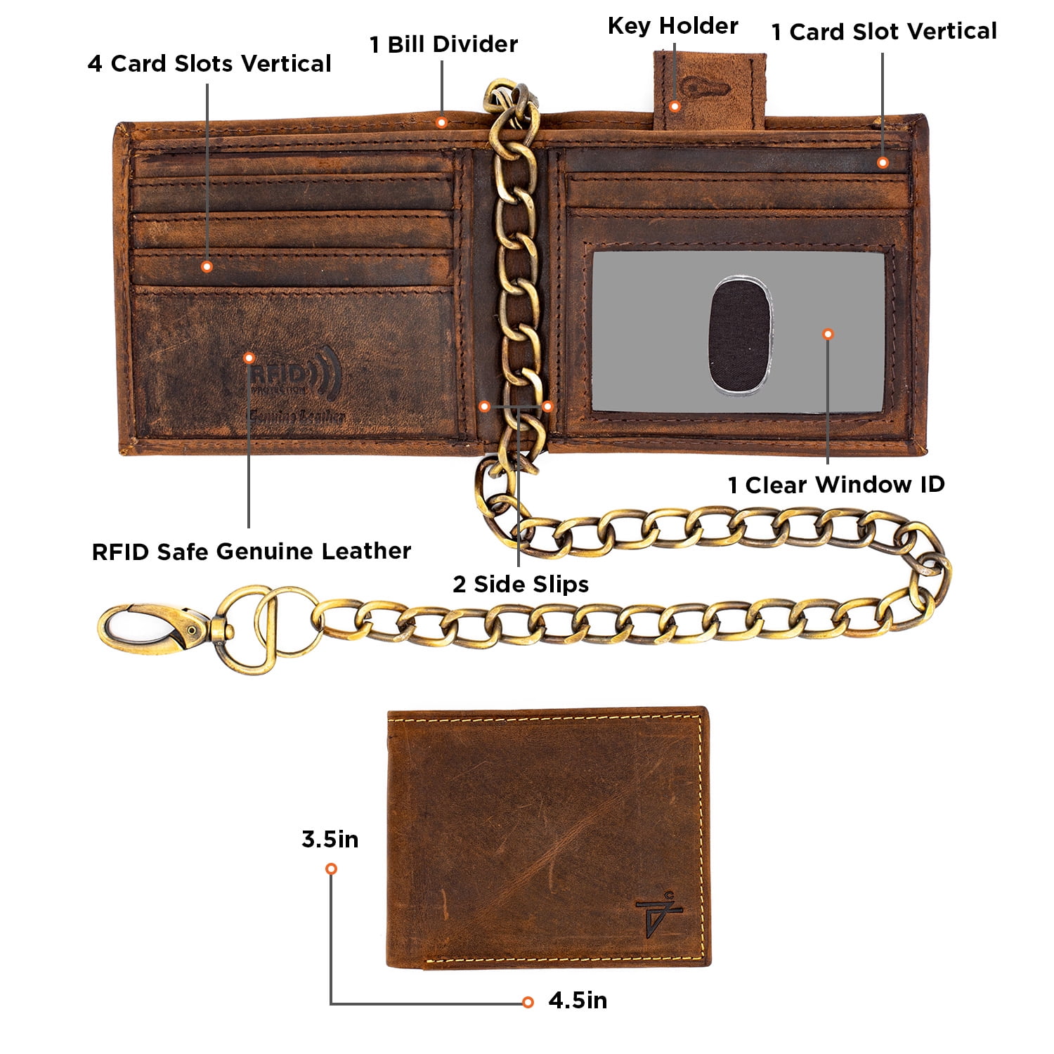 Chain Wallet for Men RFID Safe Black Biker Leather Slim Bi-Fold