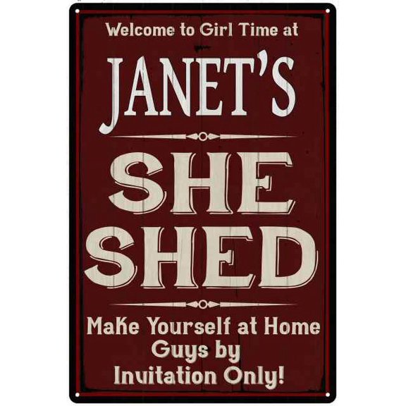 JANET'S She Shed Red Sign Lady Cave 8 x 12 High Gloss Metal 208120088048