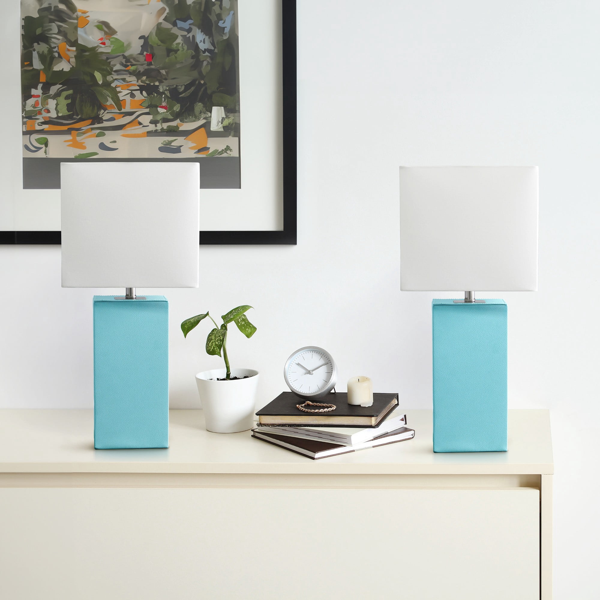 Mod Lighting and Decor Leather Wrapped Base Rectangular Table Lamps - 21" - Aqua Blue- Set of 2