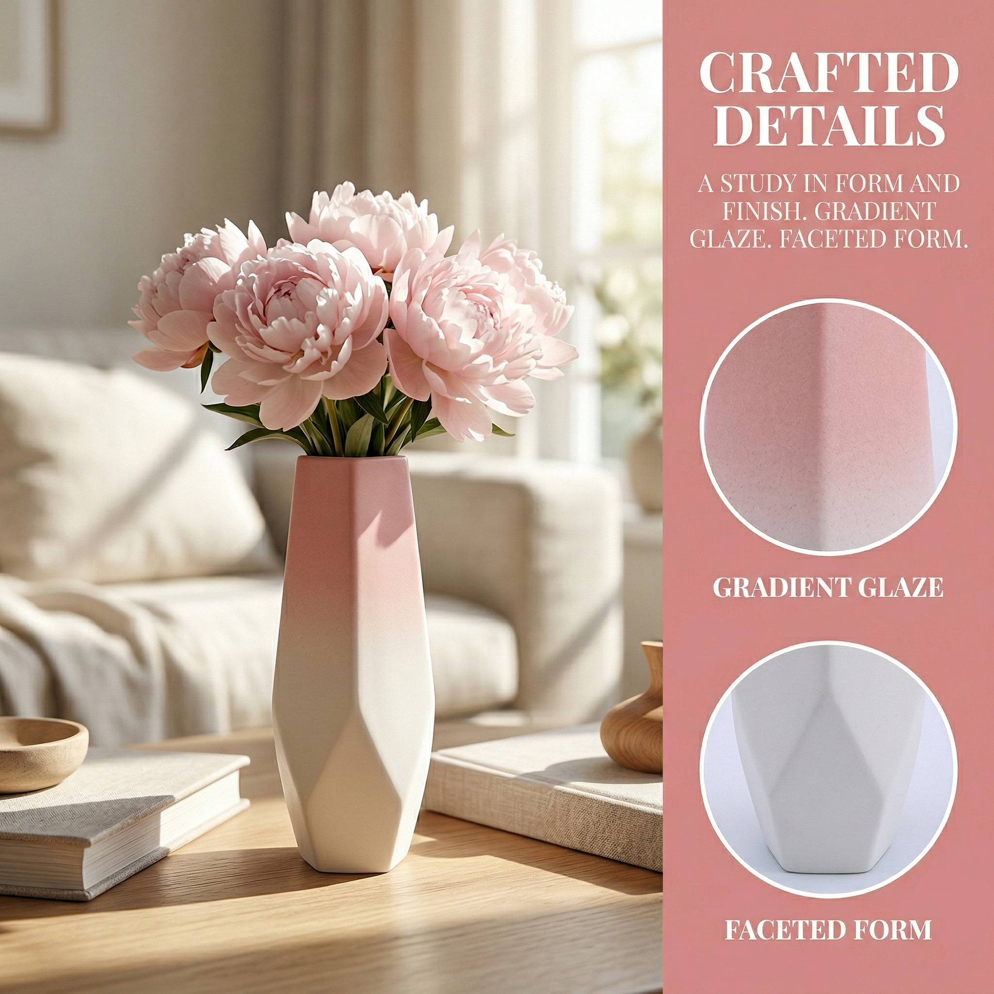 Unique Bargains Modern Tall Ceramic Vase for Decorative Pink 2.2"L x 2.2"W x 9.8"H