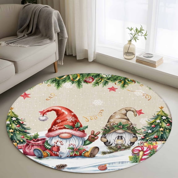Round Rugs 3.3 Ft, Beige Christmas Non Slip Area Rugs for Kitchen Bedroom Entryway, Gnomes Xmas Tree Snowflake Gifts Washable Carpet Runner Rug Floor Mats for Bedroom Home Decor