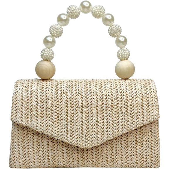 Straw Evening Handbag for Women Exquisite Simulated Pearl Beaded Top-Handle Purse Small Satchel Purse Woven Clutch Bag 2025