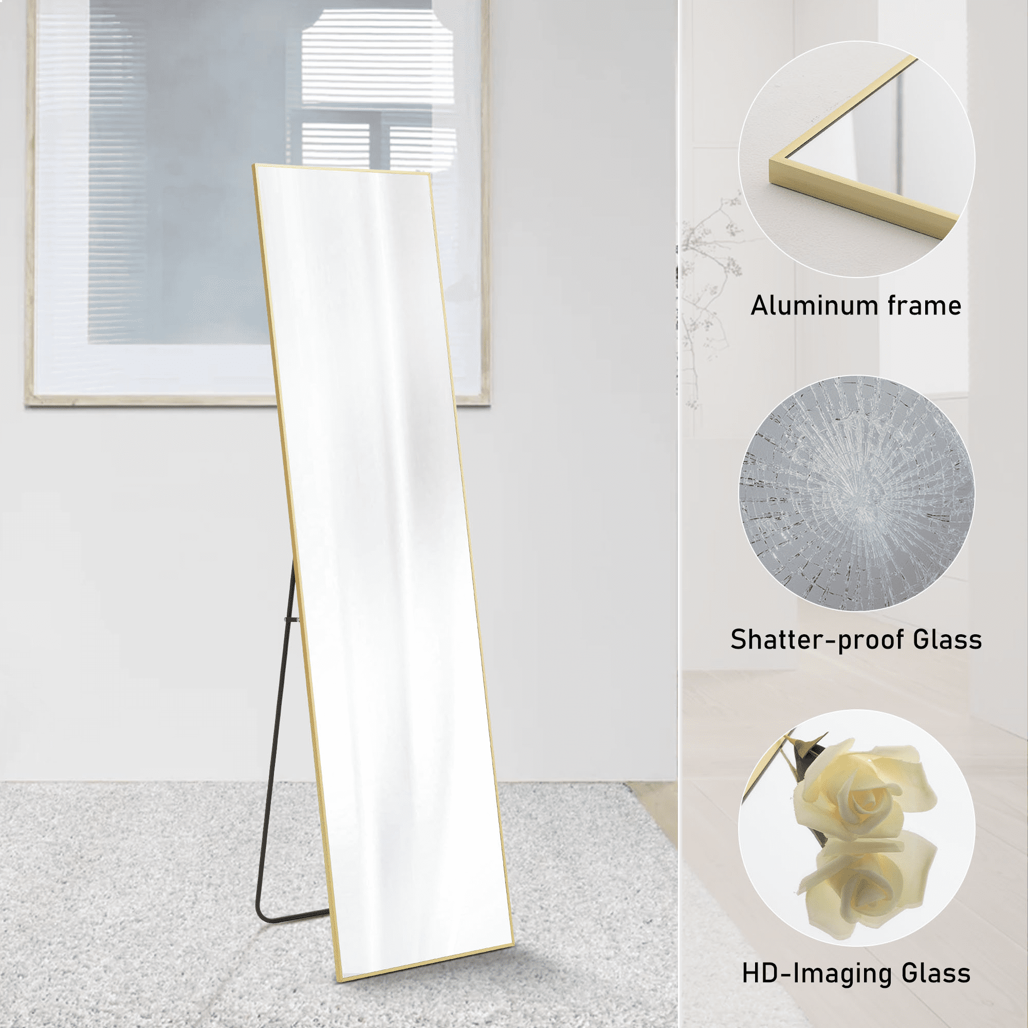 MAYEERTY 59"x16" Rectangular Full-Length Mirror - Floor Standing Full-Body Mirror, Gold