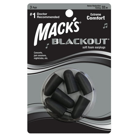 Mack's Blackout Soft Foam Earplugs, 3 Pair - 32 dB Highest NRR, Comfortable Ear Plugs for Concerts, Jam Sessions, Nightclubs, Loud Events and Shooting Sports
