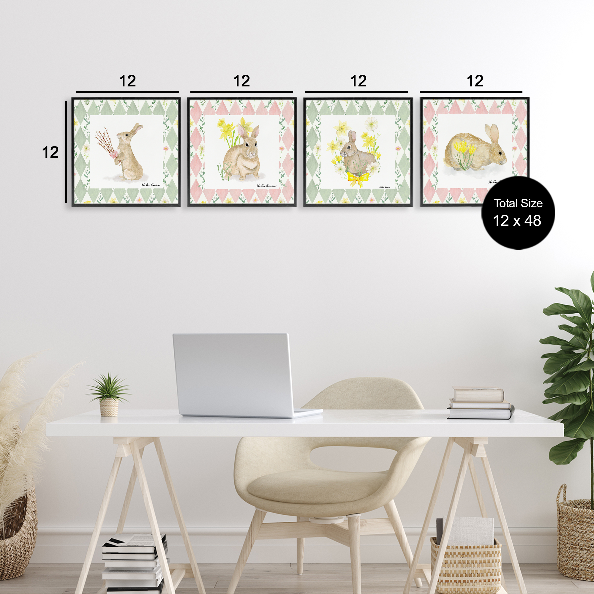 Spring Bunnies on Argyle 4 Piece Black Framed Giclee Art Set, design by Lee Ann Sanders
