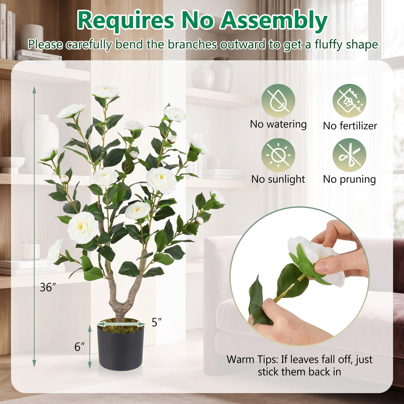 ALPULON 36 Inch Artificial Camellia Tree with Blooming Flowers, Faux Potted Silk Plant with Cement-Filled Pot for Home Office Wedding Front Door Porch Balcony, White
