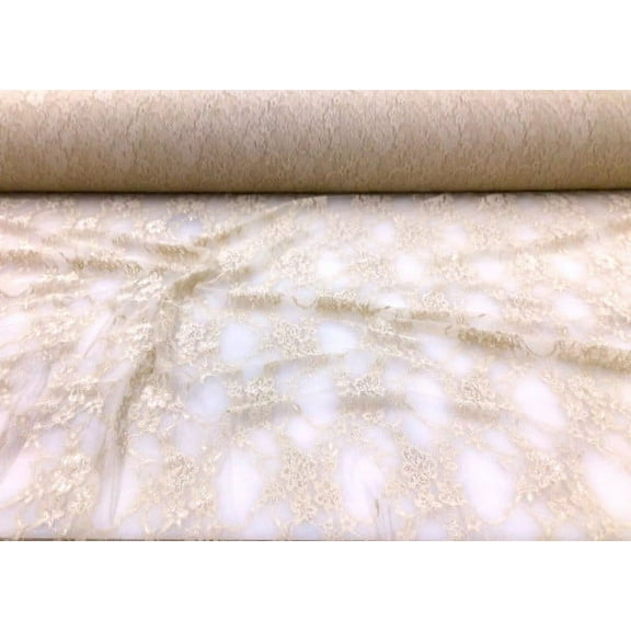 Stretch Lace Apparel Fabric Sheer Metallic Floral Lattice Tan WW31