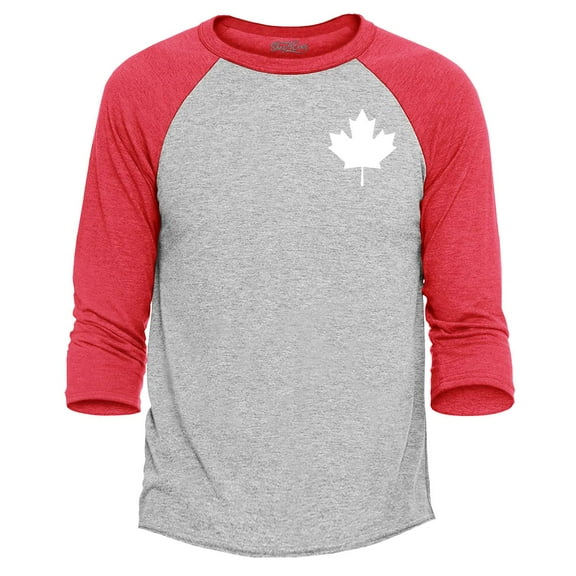 Shop4Ever Men's Canada White Maple Leaf Pocket Size Canadian Raglan Baseball Shirt X-Small Heather Grey/Red