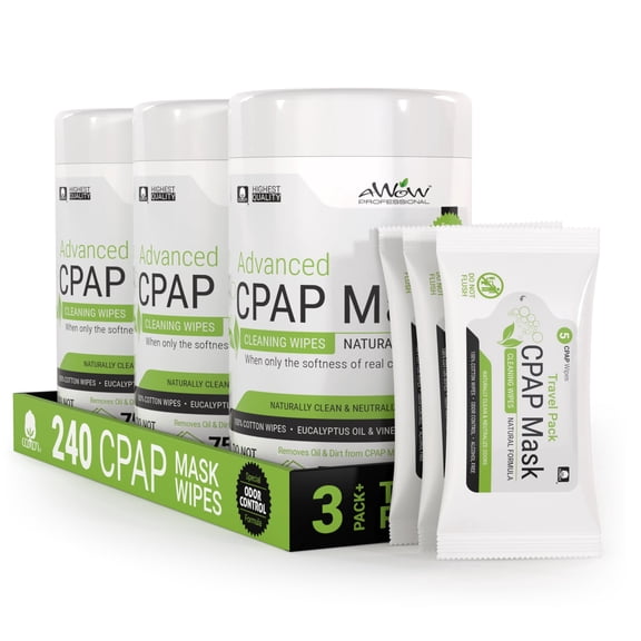 AWOW Professional CPAP Cleaner Wipes for Mask & Equipment, Unscented, 75 Count (3 Pack) with Travel Wipes