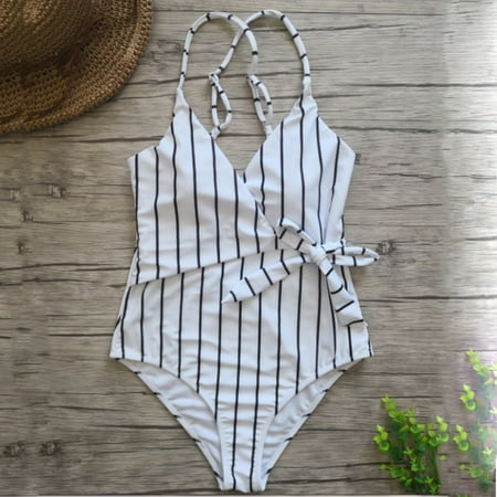 Sexy Women Summer Beachwear Striped Padded One Piece Swimsuit Swimwear Push Up Monokini Bathing Suit White S
