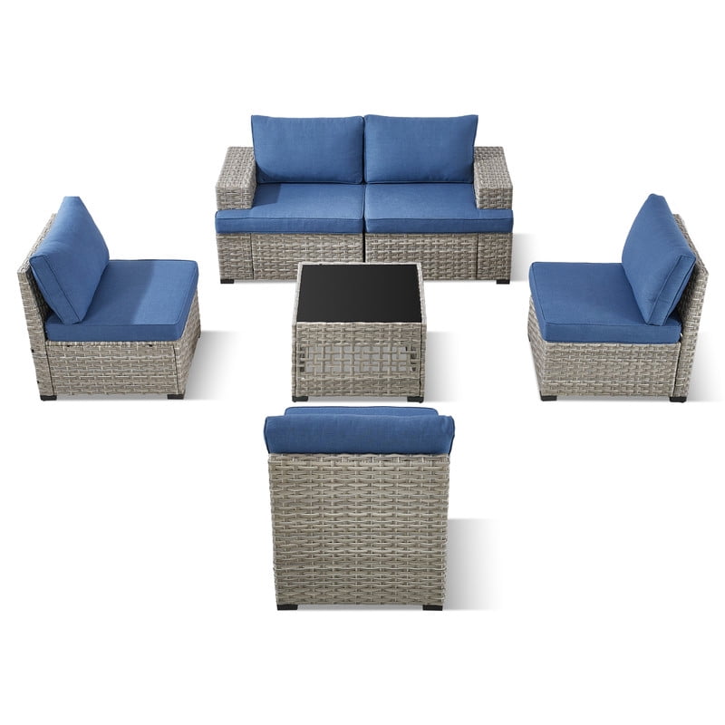 PARKWELL 6 Pieces Patio Furniture Sets,Outdoor Modular Furniture Sectional Sofa Set with Coffee Table,All-Weather Rattan Wicker Conversation Set for Backyard Deck,Taupe/Navy